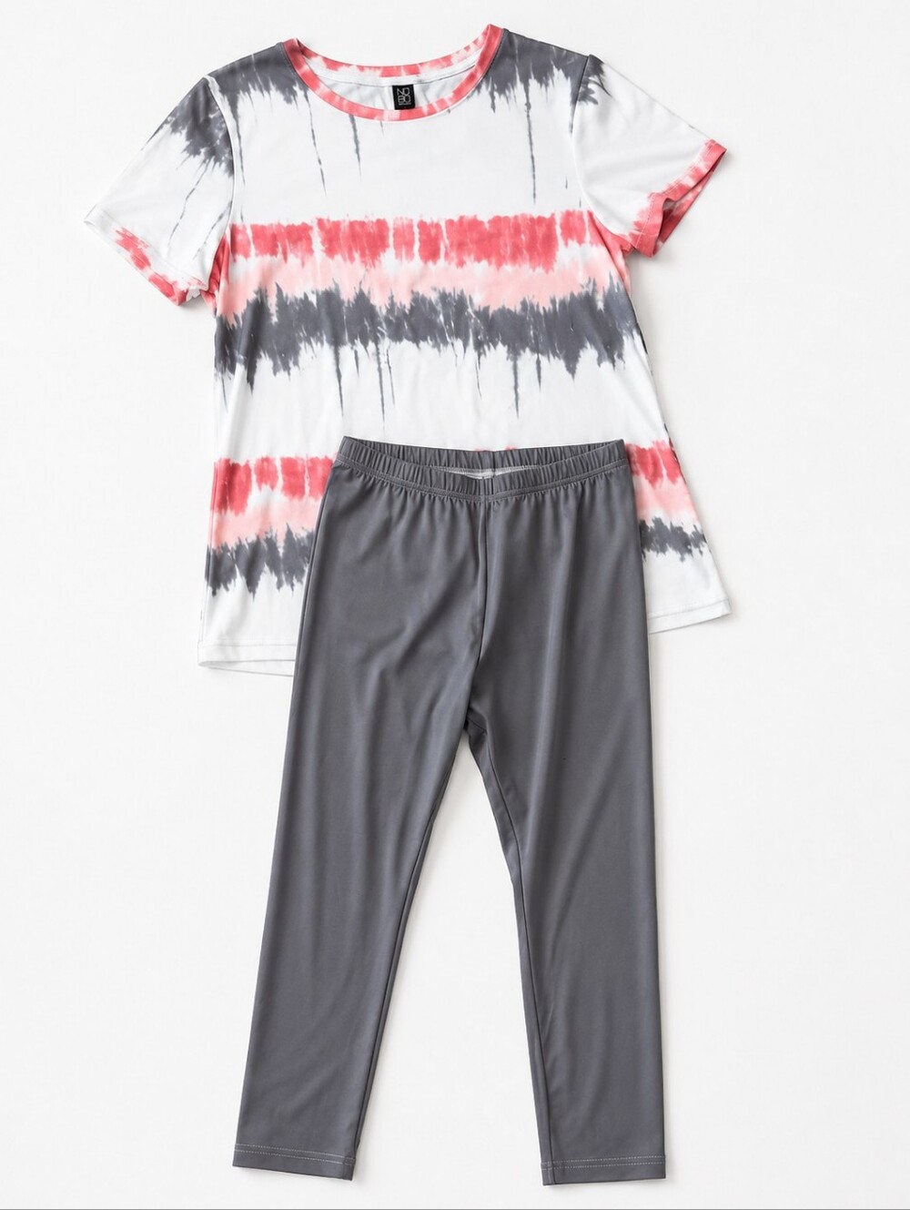 White Tie-Dye Short Sleeve Tee with Pink and Gray Stripes